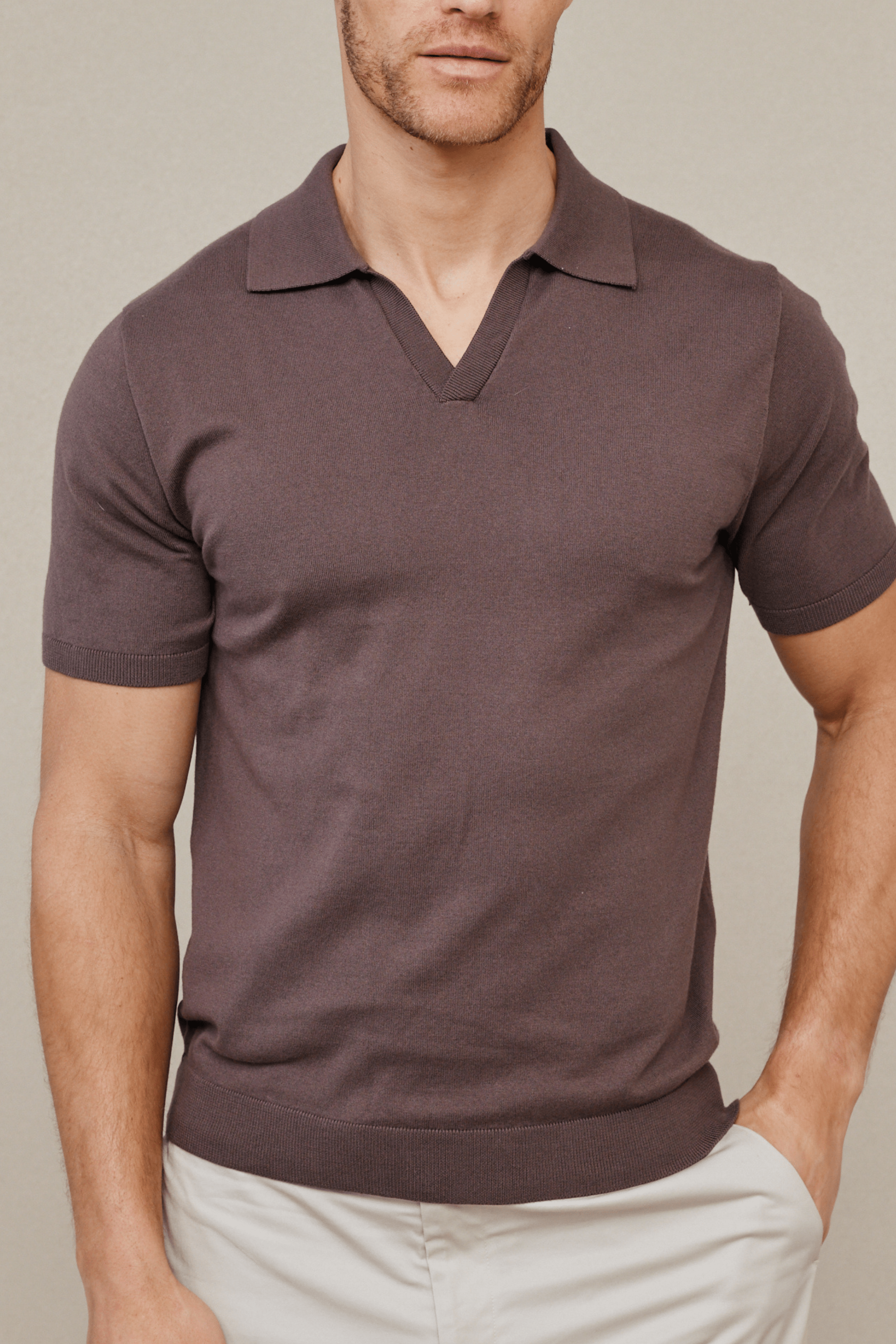 Mocha Privia Open Neck Knitted Polo