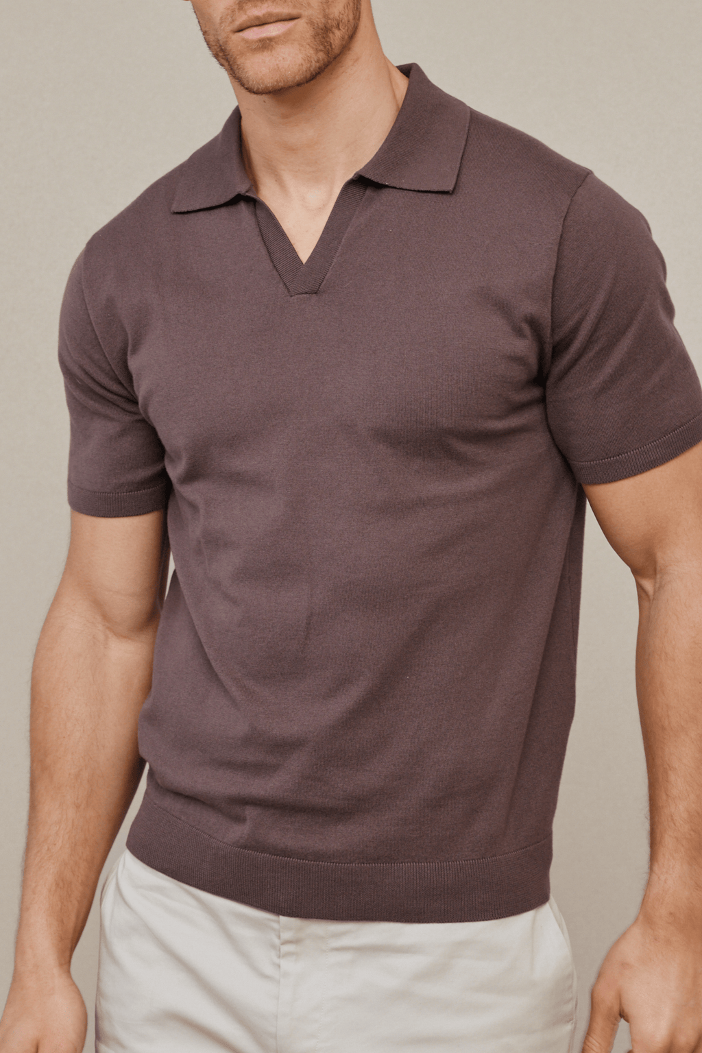 Mocha Privia Open Neck Knitted Polo