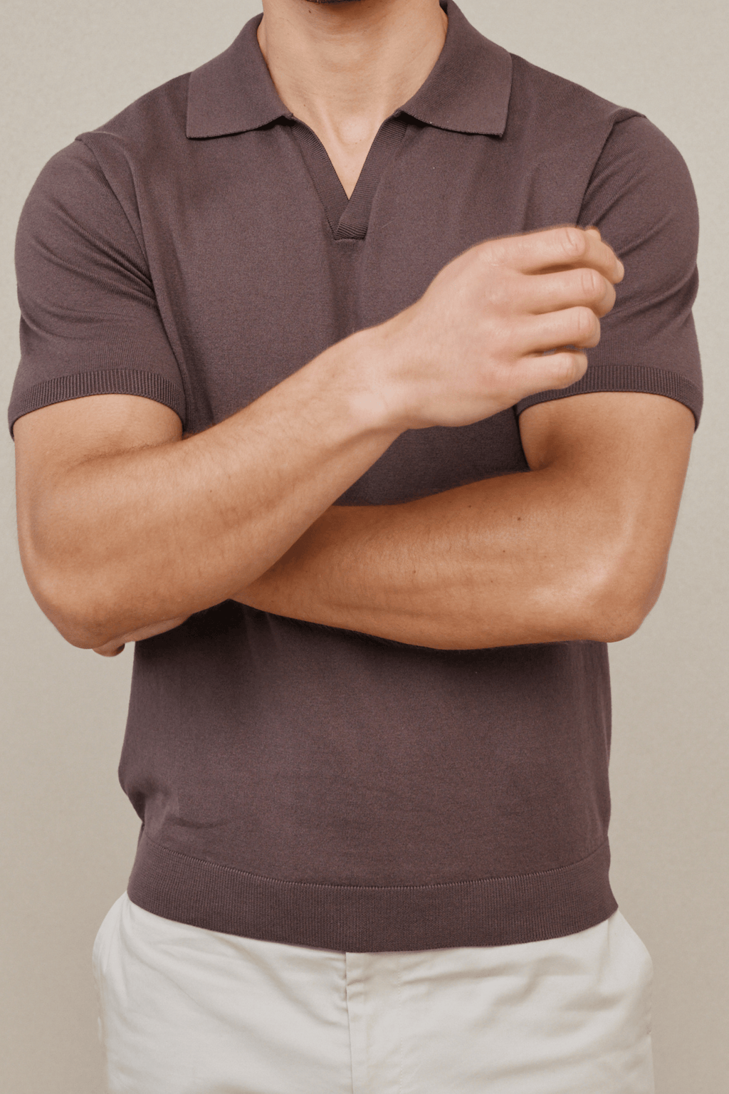 Mocha Privia Open Neck Knitted Polo