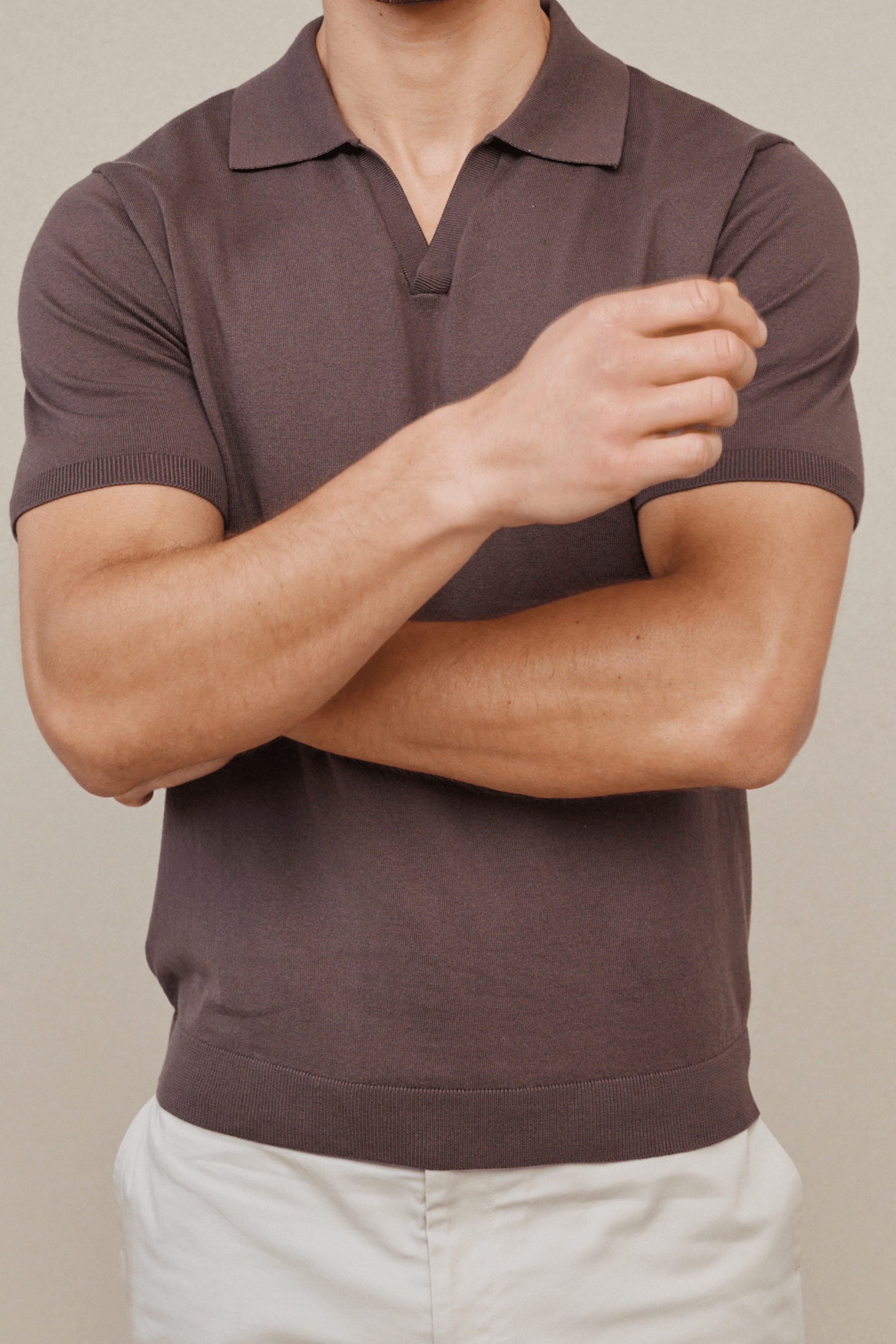 Mocha Privia Open Neck Knitted Polo