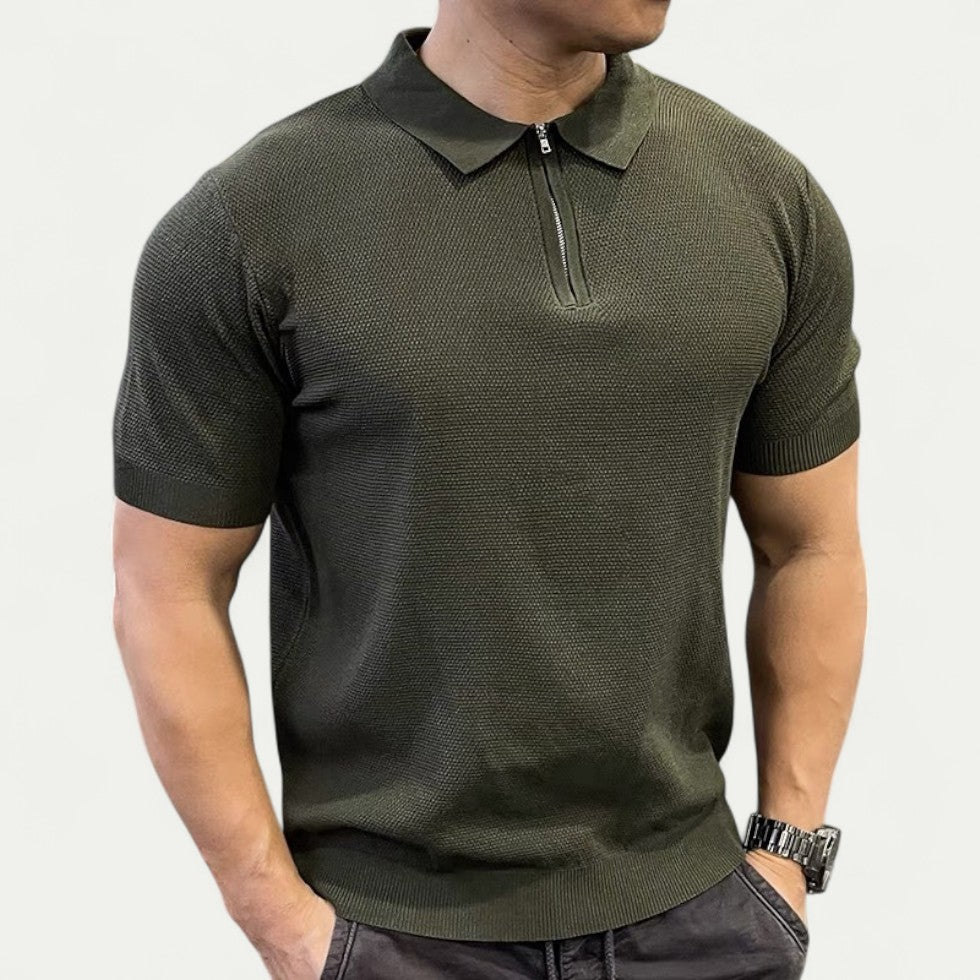 Modern Men's Army Green Knitted Polo Shirt with Zip Collar by Adrian – Smart Casual Style