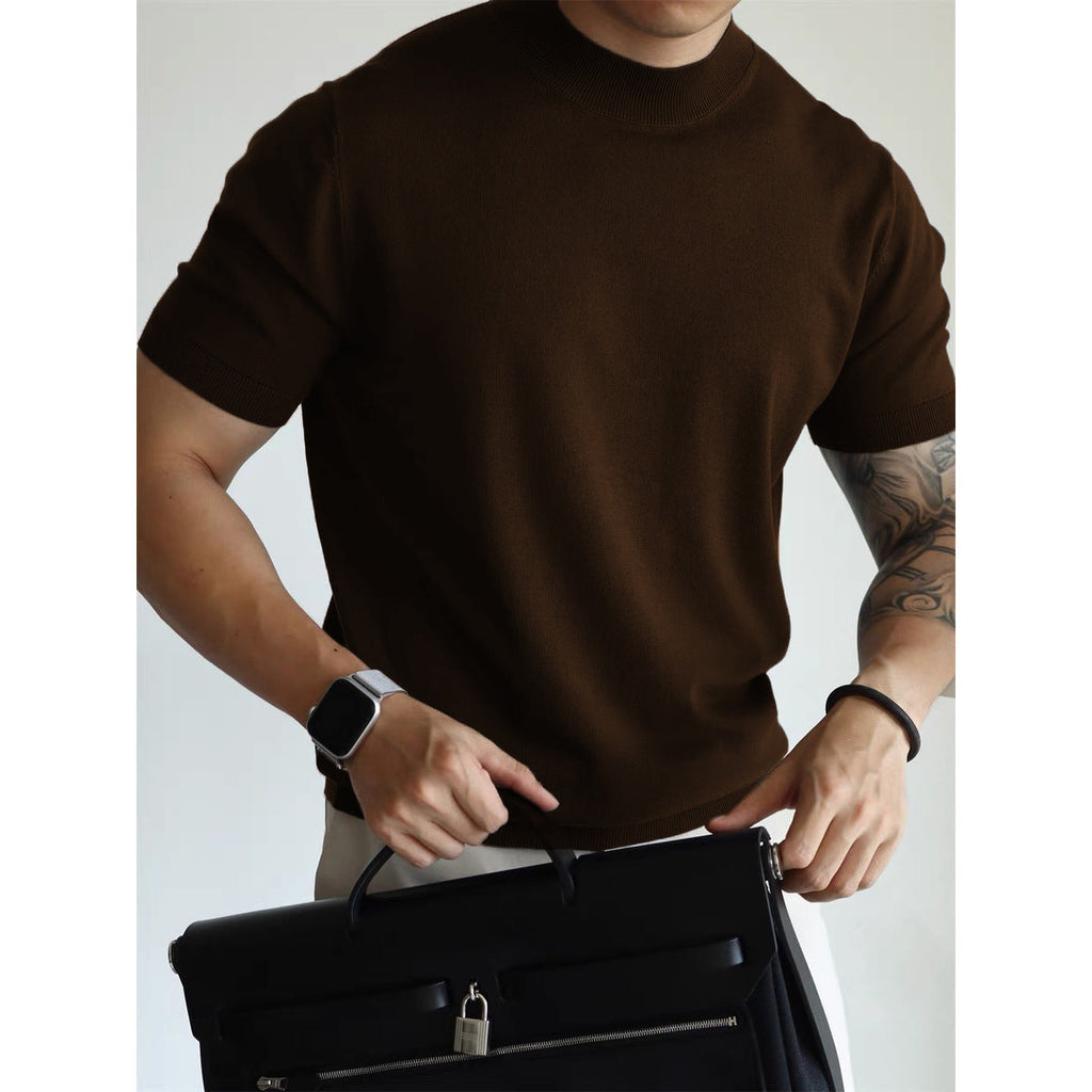 Men's Black Fitted Mock Neck Knit Tee - Amalfi Collection