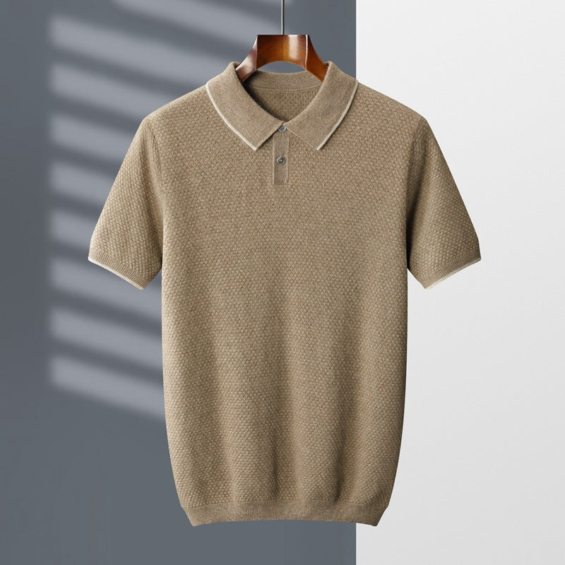 Men's Elliot Textured Knit Polo Shirt – Luxuriously Soft Summer Style in Light Camel