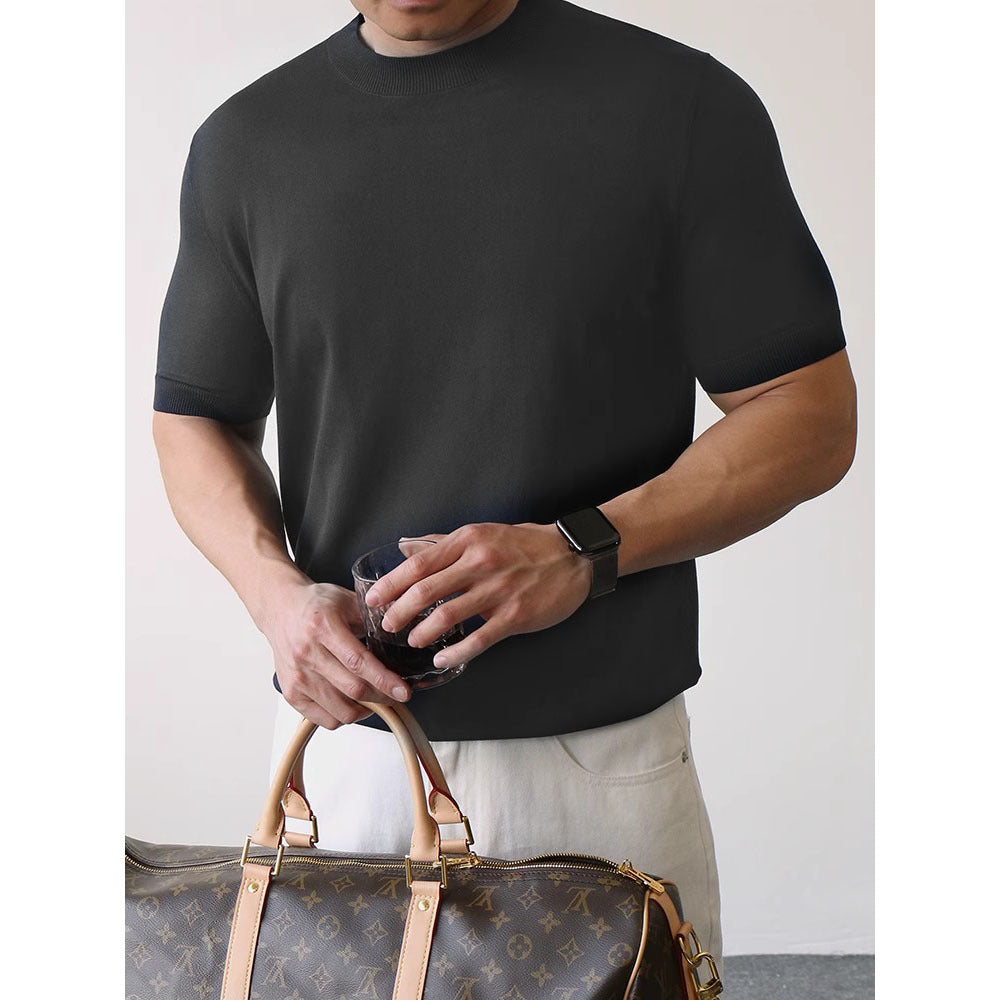 Men's Black Fitted Mock Neck Knit Tee - Amalfi Collection