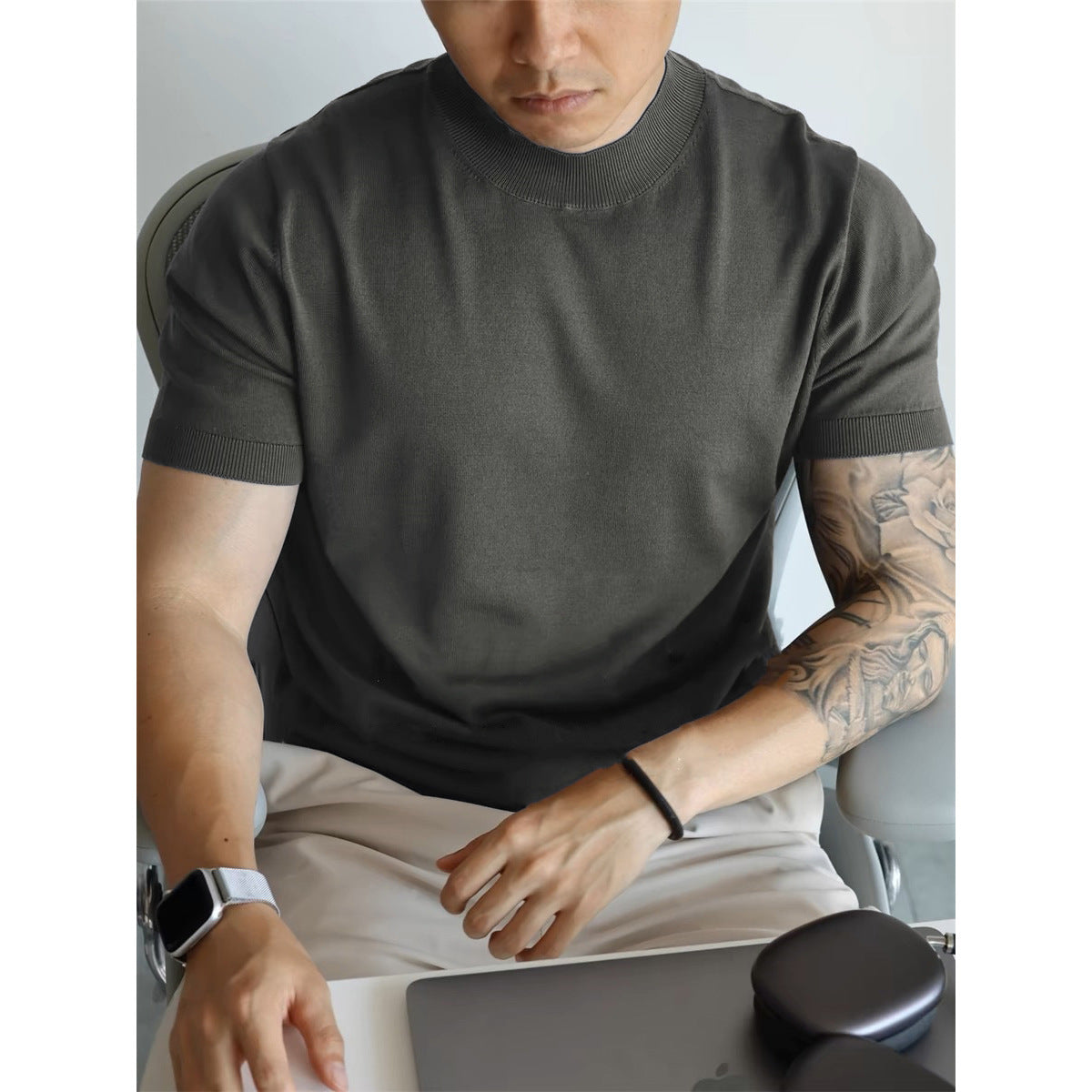 Men's Black Fitted Mock Neck Knit Tee - Amalfi Collection