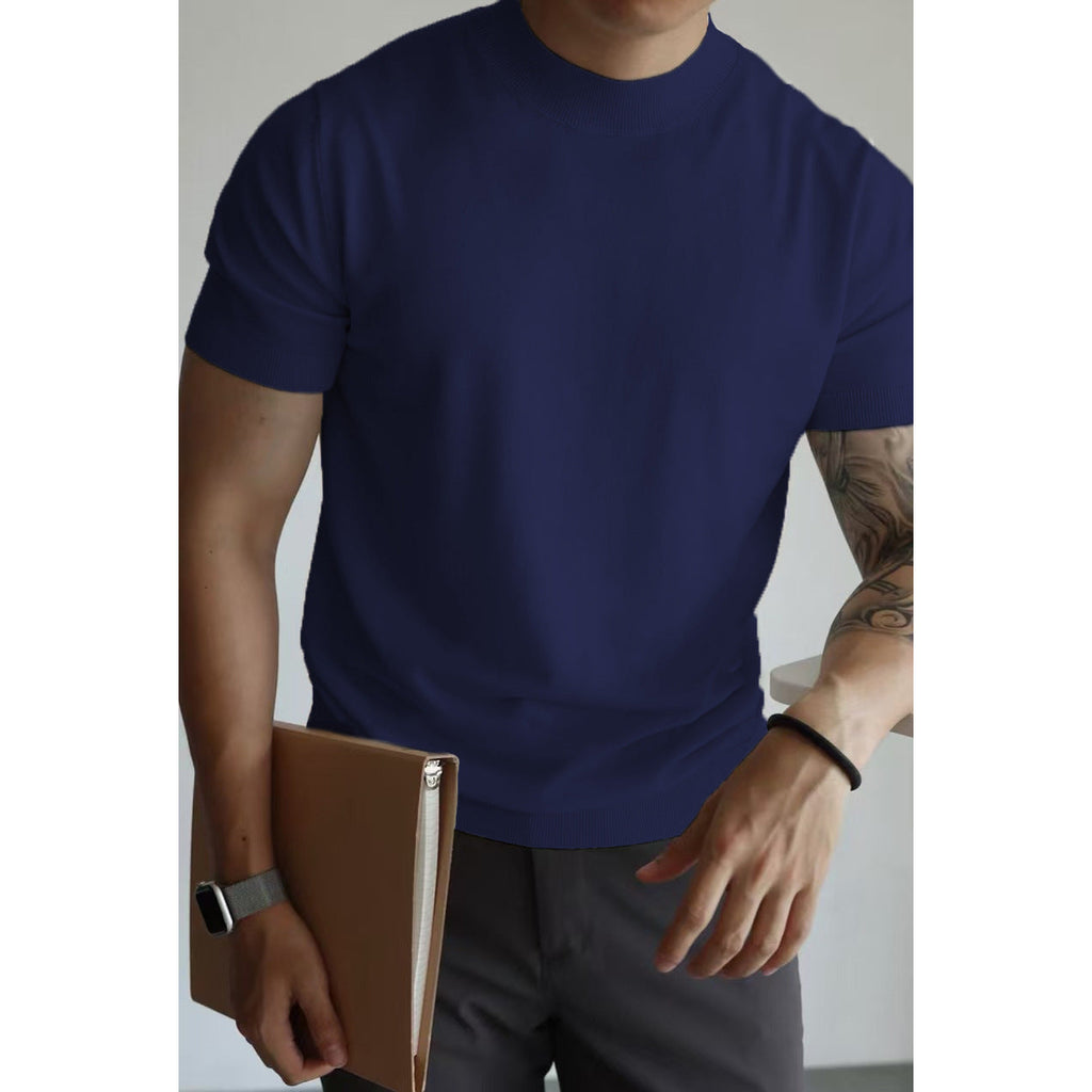 Men's Black Fitted Mock Neck Knit Tee - Amalfi Collection