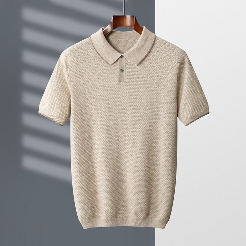 Men's Elliot Textured Knit Polo Shirt – Luxuriously Soft Summer Style in Light Camel