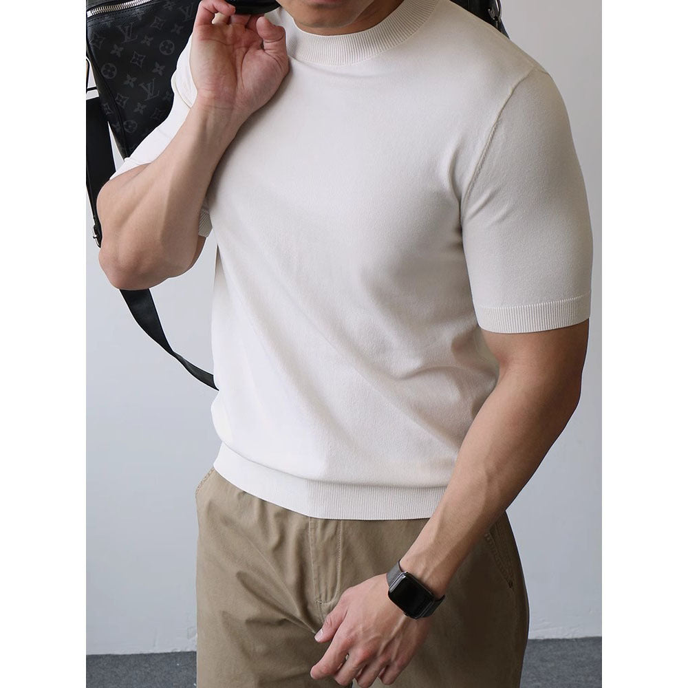Men's Black Fitted Mock Neck Knit Tee - Amalfi Collection