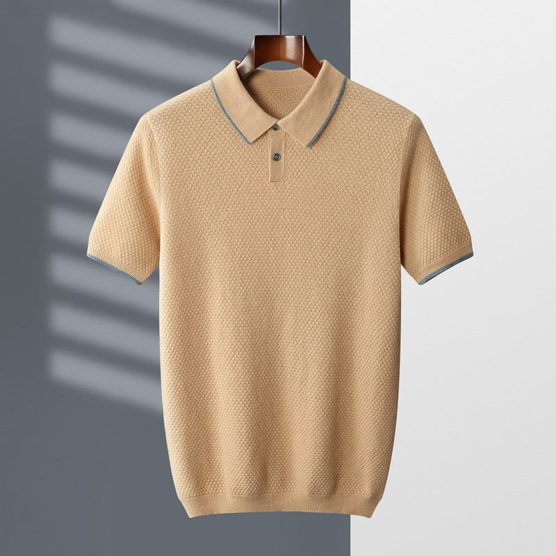 Men's Elliot Textured Knit Polo Shirt – Luxuriously Soft Summer Style in Light Camel