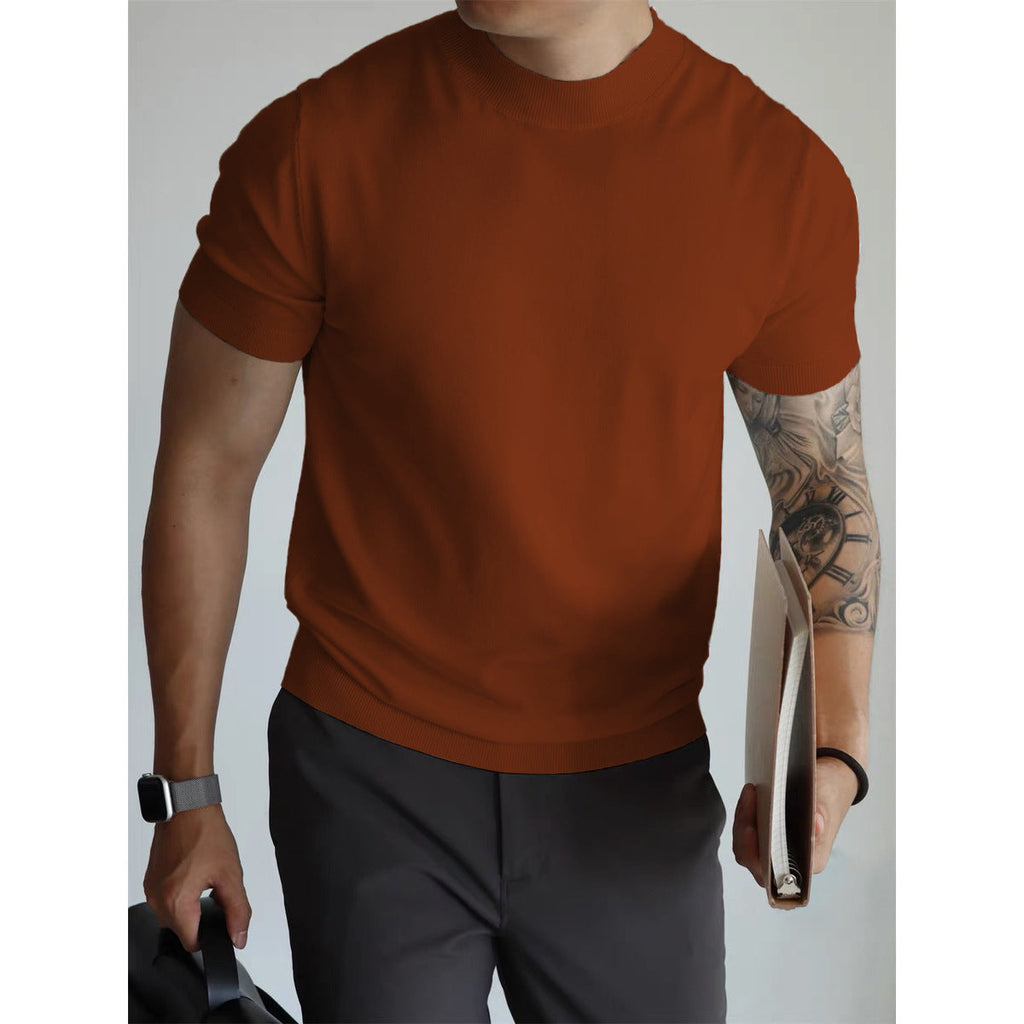 Men's Black Fitted Mock Neck Knit Tee - Amalfi Collection