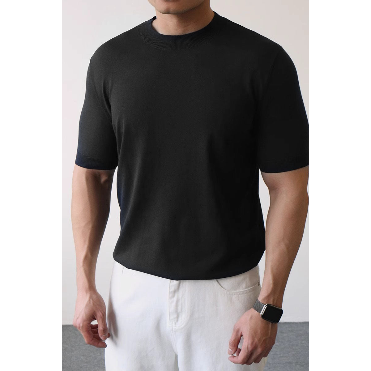 Men's Black Fitted Mock Neck Knit Tee - Amalfi Collection